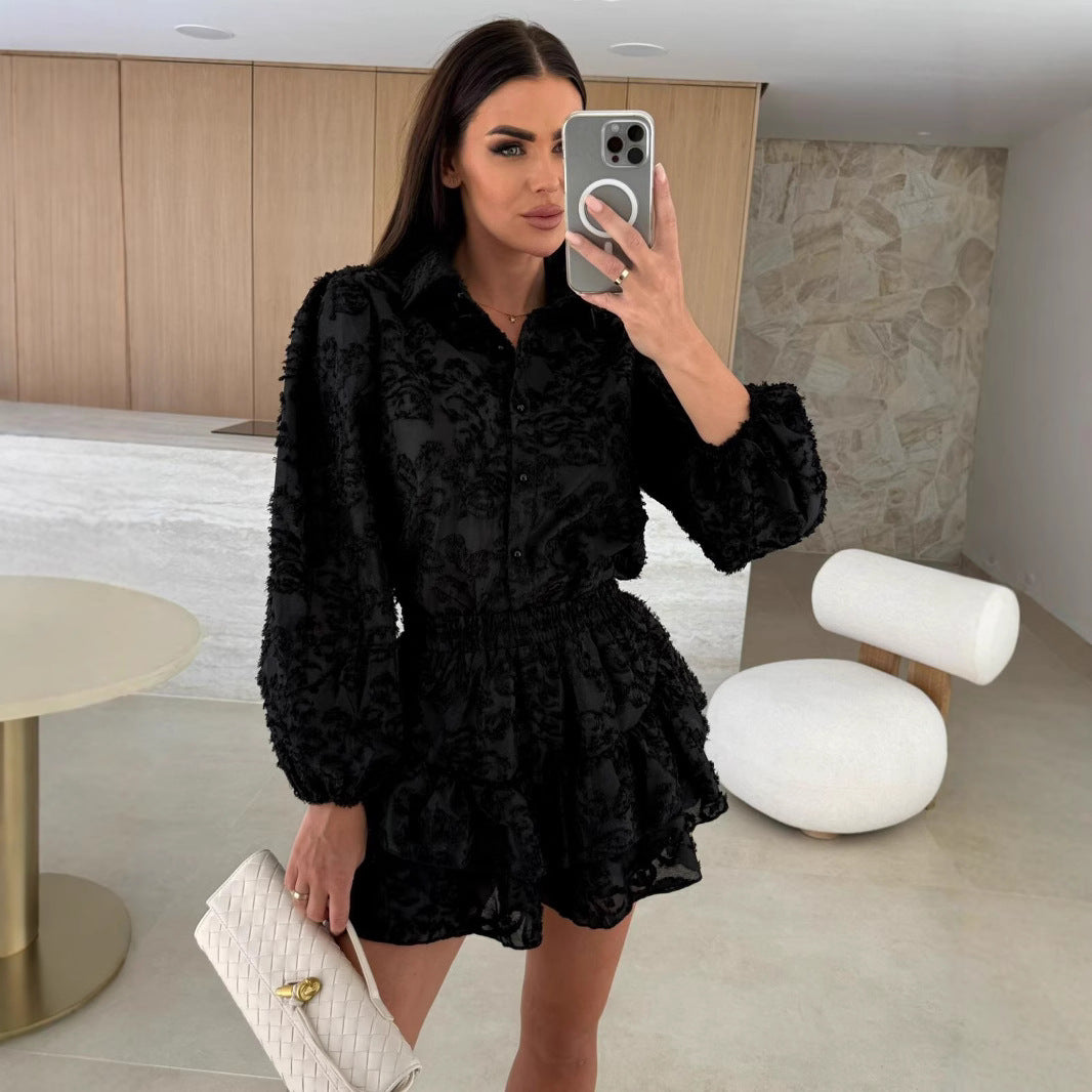 Women’s Casual 2-Piece Set – Long Sleeve Hollow-Out Fashion Outfit