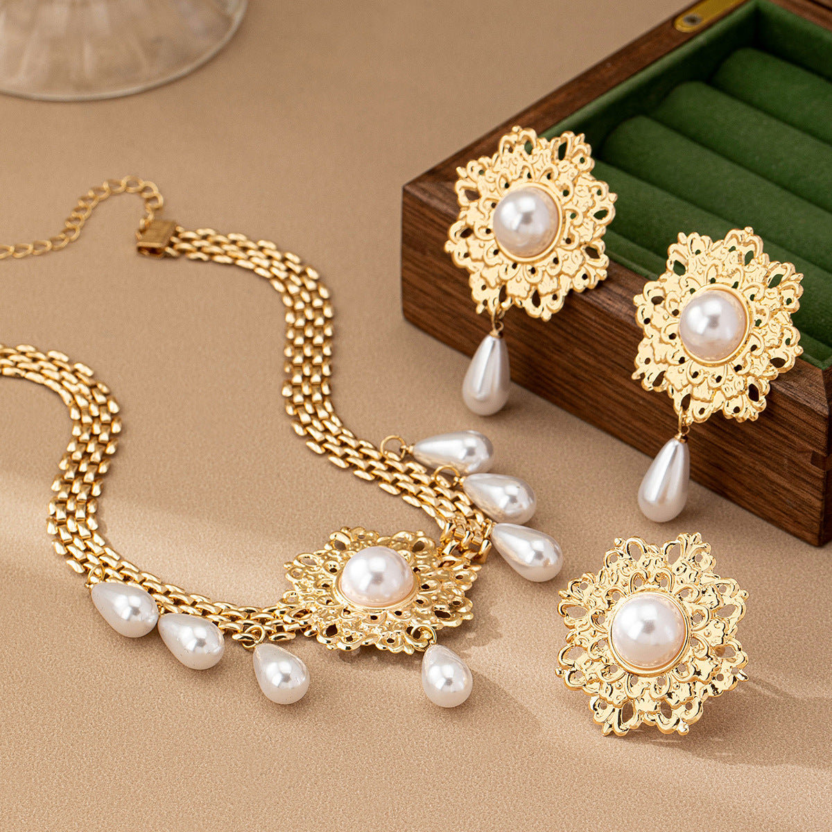 Flower Pearl Tassel Necklace Ear Stud Ring