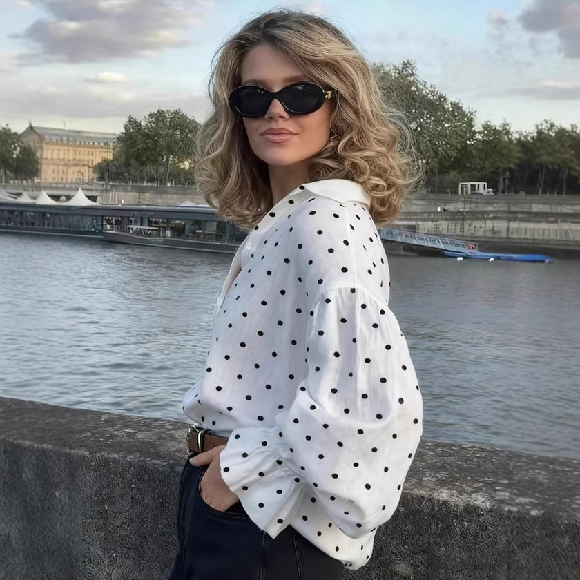 Loose Casual Polka-Dot Shirt With Front Buttons