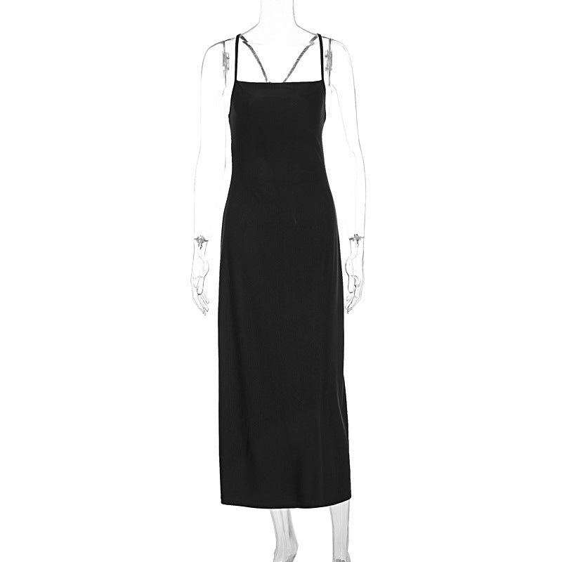 Fashion Back Lace-up Sleeveless Slim-fit Sexy Pure Black Sheath Suspender Dress
