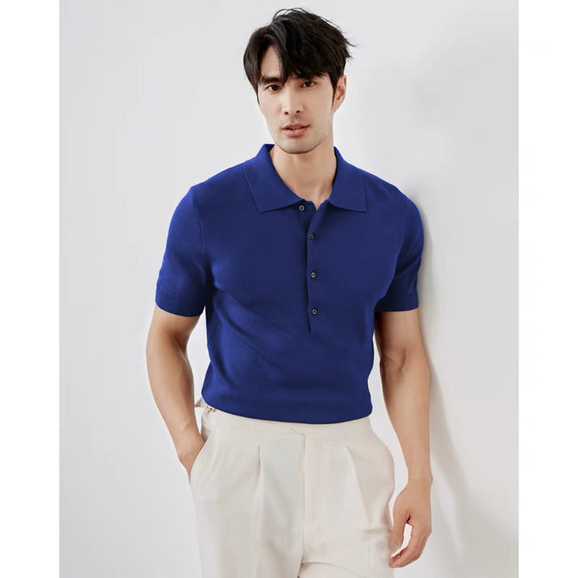 Men’s Ice Silk Knit Polo Shirt – Solid Color Short Sleeve Luxury Summer Top