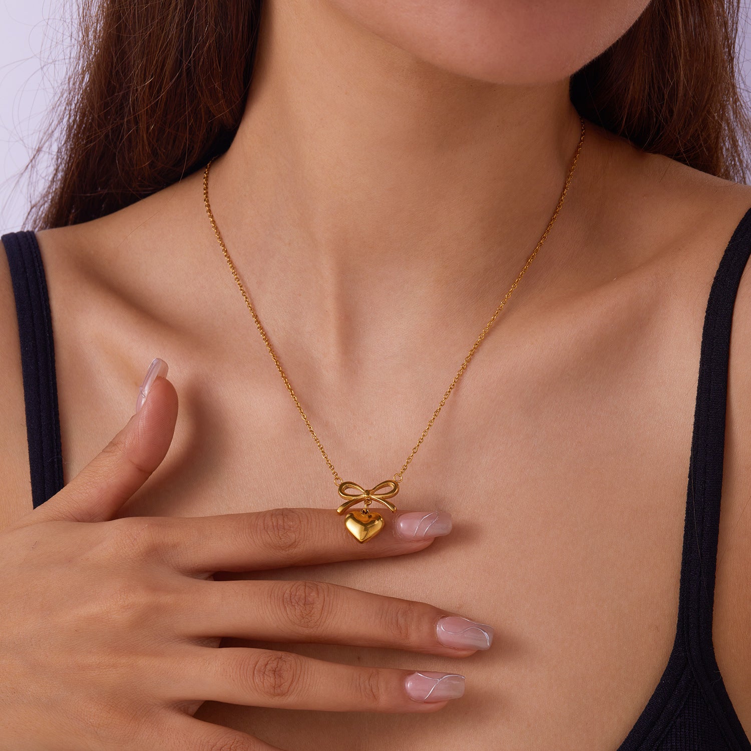 Stainless Steel  Love Heart Bowknot Shape Charm Chain Choker