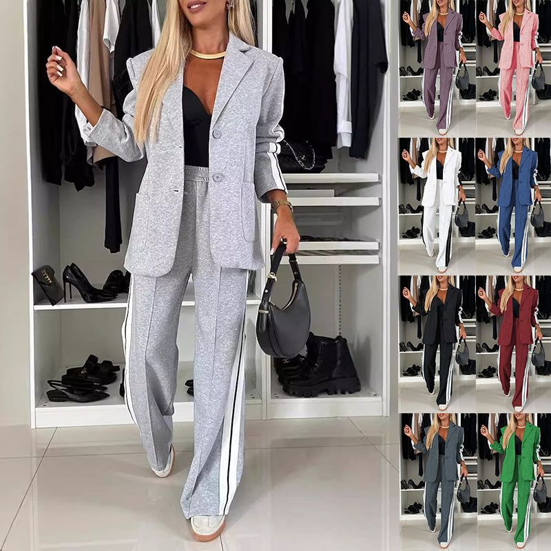 Women’s Lapel Single-Breasted Blazer & Striped Straight Leg Pants Set – Casual 2 Piece Suit Office Fashion Outfit