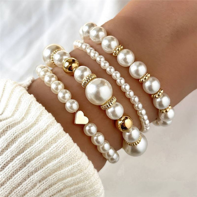 4pcs Set Simple White Faux Pearls Beads Beaded Heart Temperament Bracelet Set Elegant Handmade Hand String Jewelry Accessory