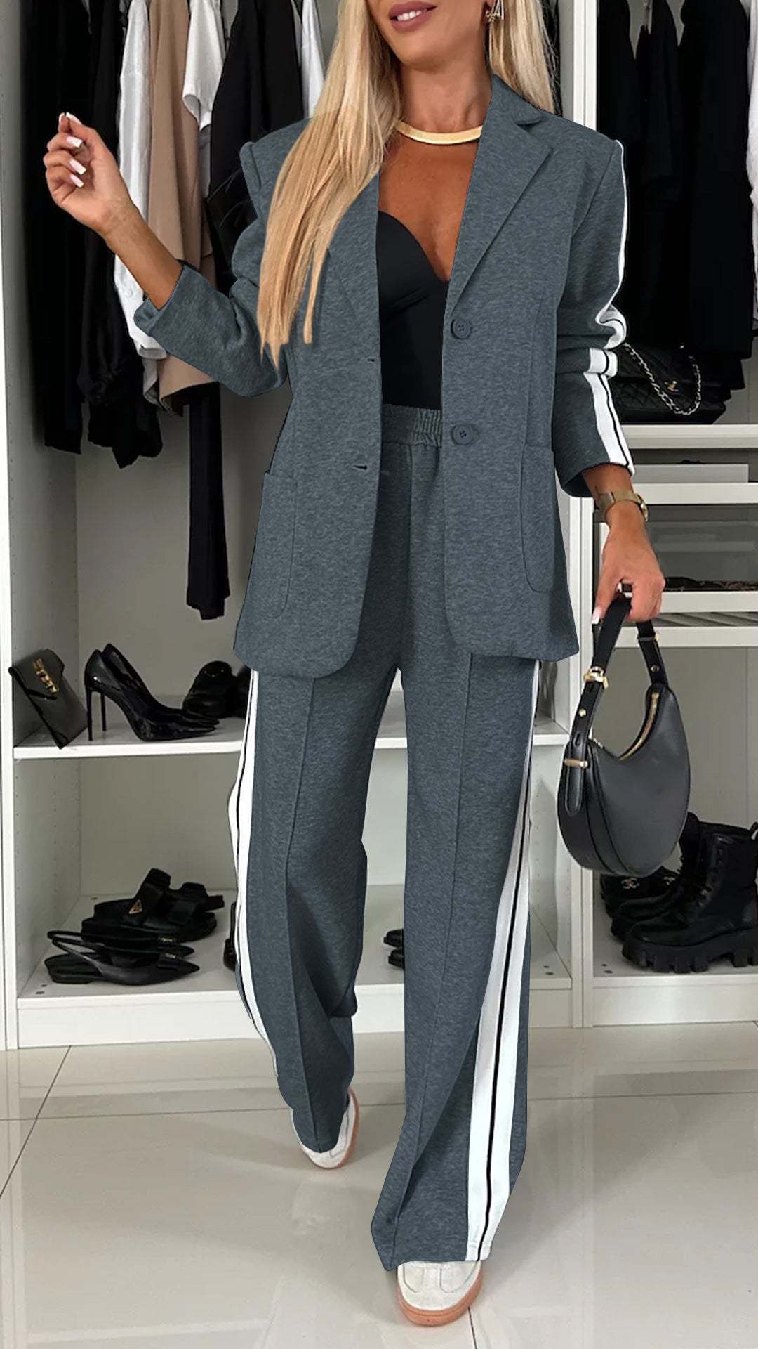 Women’s Lapel Single-Breasted Blazer & Striped Straight Leg Pants Set – Casual 2 Piece Suit Office Fashion Outfit