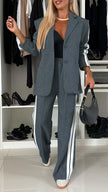 Women’s Lapel Single-Breasted Blazer & Striped Straight Leg Pants Set – Casual 2 Piece Suit Office Fashion Outfit