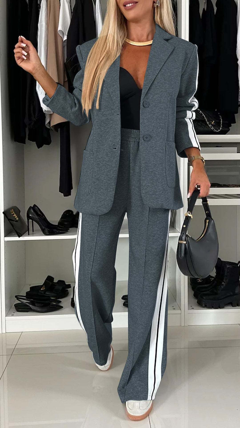 Women’s Lapel Single-Breasted Blazer & Striped Straight Leg Pants Set – Casual 2 Piece Suit Office Fashion Outfit