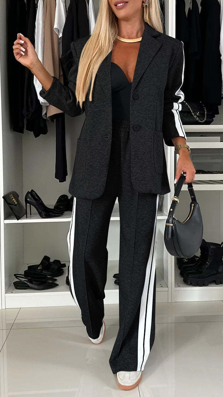 Women’s Lapel Single-Breasted Blazer & Striped Straight Leg Pants Set – Casual 2 Piece Suit Office Fashion Outfit