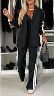Women’s Lapel Single-Breasted Blazer & Striped Straight Leg Pants Set – Casual 2 Piece Suit Office Fashion Outfit