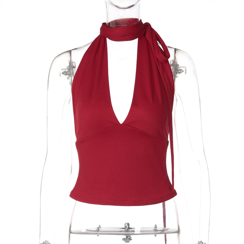 Women’s Deep V-Neck Backless Lace-Up Tank Top – Slim Fit Solid Color Sexy Summer Cami