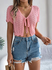 Women’s Tie Front Hollow Out Cropped Knit Cover-Up – Short Sleeve Summer Top