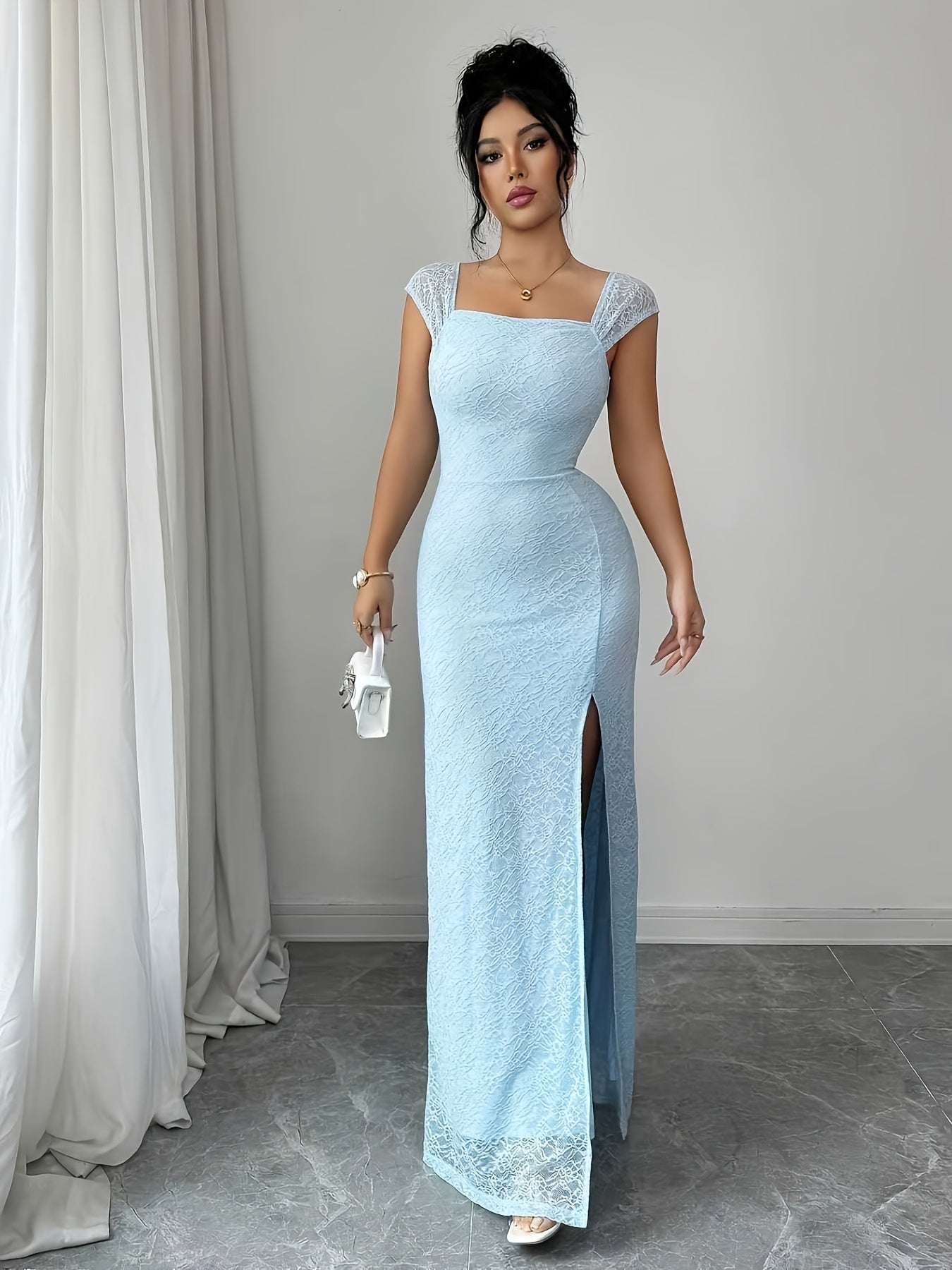 French Romantic Knitted Lace Dress, Elegant Slim Fit High Slit Summer Dress