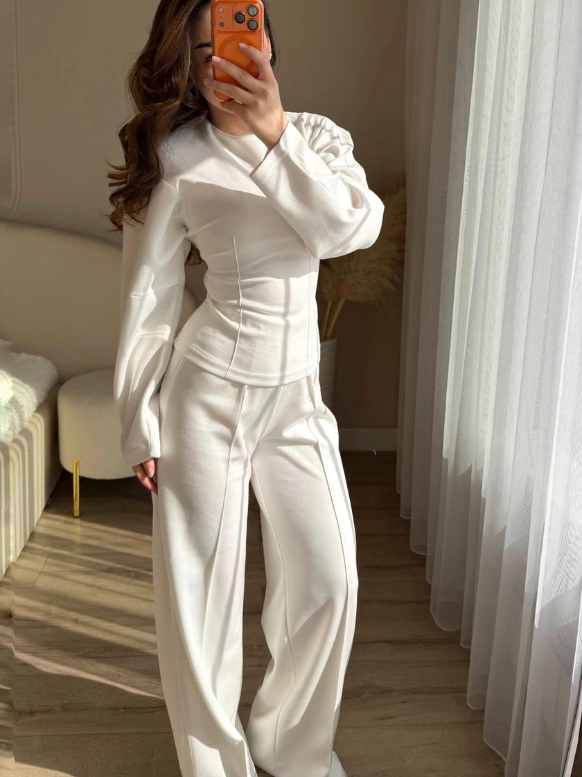Chic Long Sleeve O-Neck Top and High Waist Pants Two Piece Set