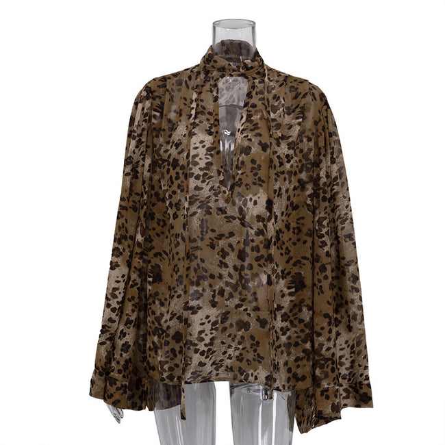 Leopard-print Hollow-out Small Stand-up Collar Long-sleeve Shirt