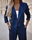 “Women’s Spring Striped Suit Set – Casual Lapel Cropped Top & Straight Pants Outfit”