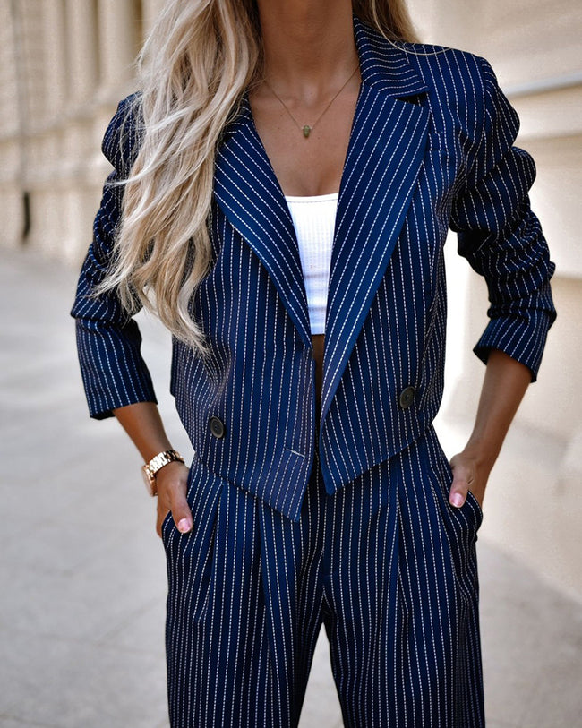 “Women’s Spring Striped Suit Set – Casual Lapel Cropped Top & Straight Pants Outfit”