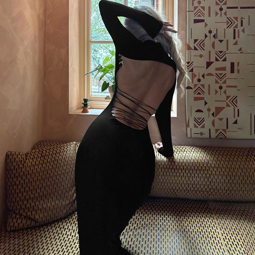 New Fallwinter Elegant Solid-color High-neck Bodycon Sexy Backless Lace-up Dress