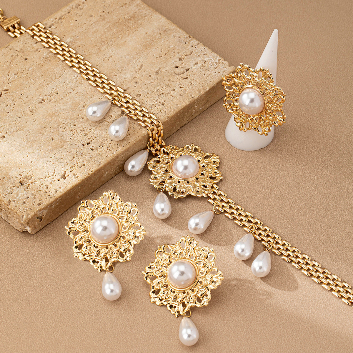 Flower Pearl Tassel Necklace Ear Stud Ring