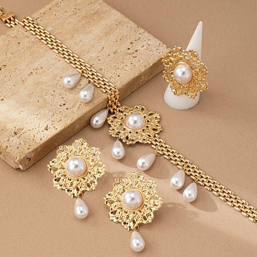Flower Pearl Tassel Necklace Ear Stud Ring