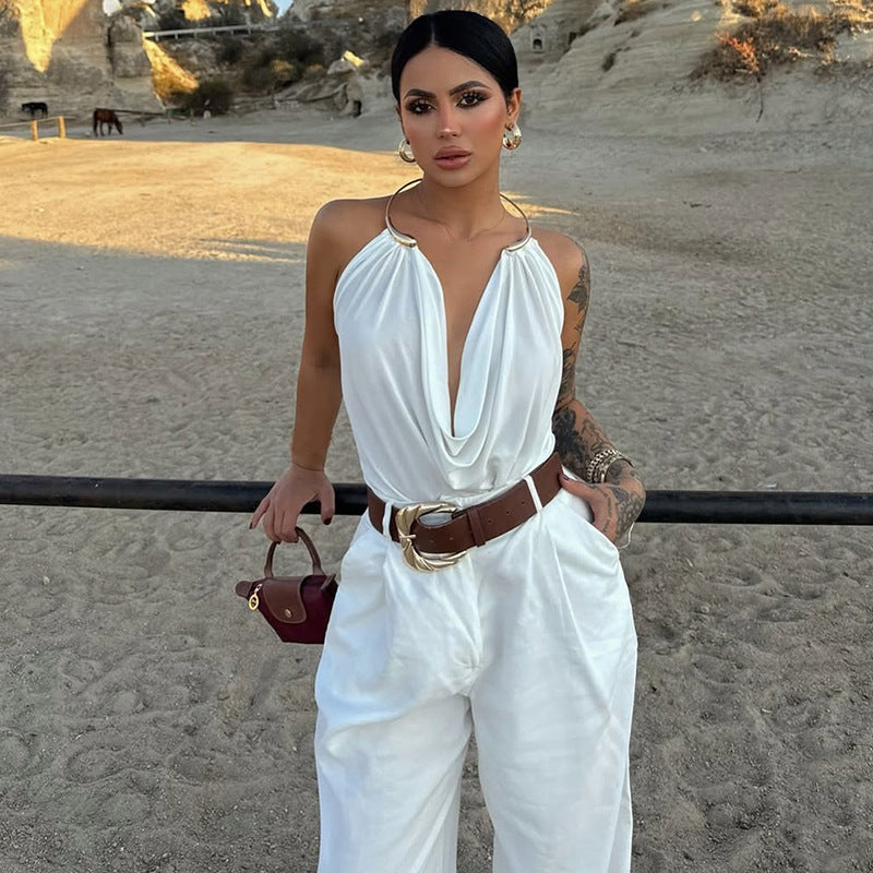 Women’s Low-Cut Plunging Metal Halter Bodycon Tank Top