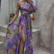Floral Print One Shoulder Split Maxi Dress – Sexy Long Sleeve Summer Beach Vacation Dress for Womenn