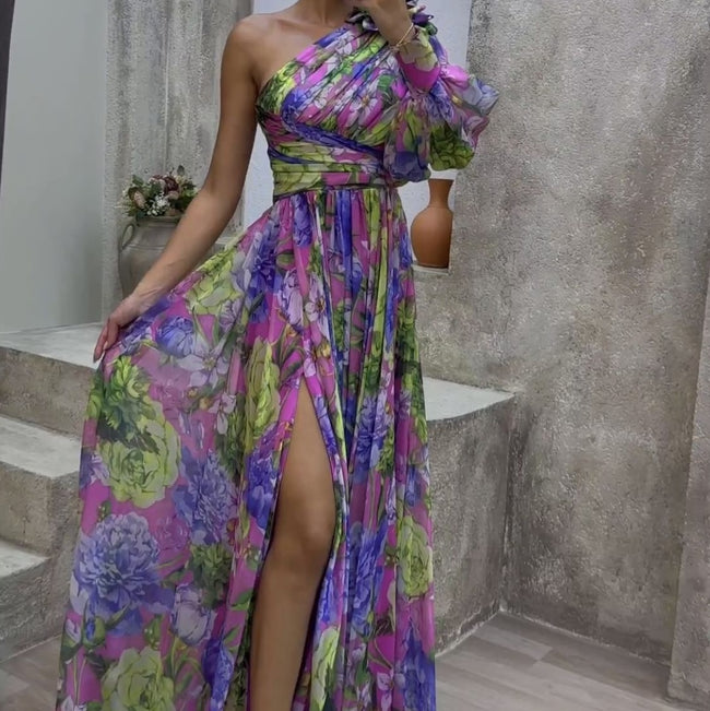 Floral Print One Shoulder Split Maxi Dress – Sexy Long Sleeve Summer Beach Vacation Dress for Womenn