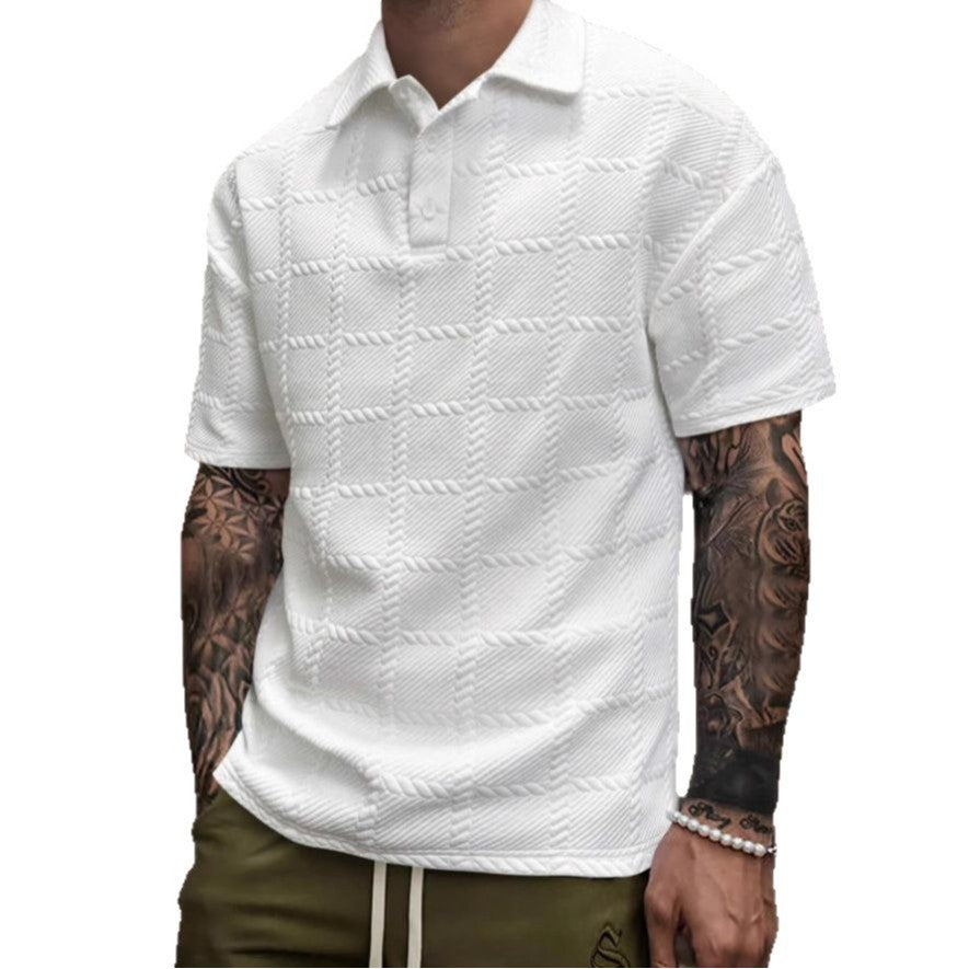 Men’s Textured Short Sleeve Polo Shirt – Casual Turn-Down Collar Summer Top