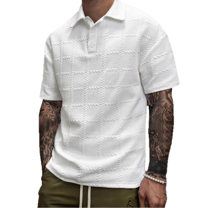 Men’s Textured Short Sleeve Polo Shirt – Casual Turn-Down Collar Summer Top