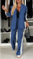 Women’s Lapel Single-Breasted Blazer & Striped Straight Leg Pants Set – Casual 2 Piece Suit Office Fashion Outfit