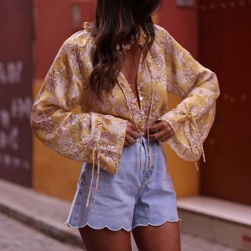 Vacation-ready V-neck Flared-sleeve Printed Loose-fit Blouse