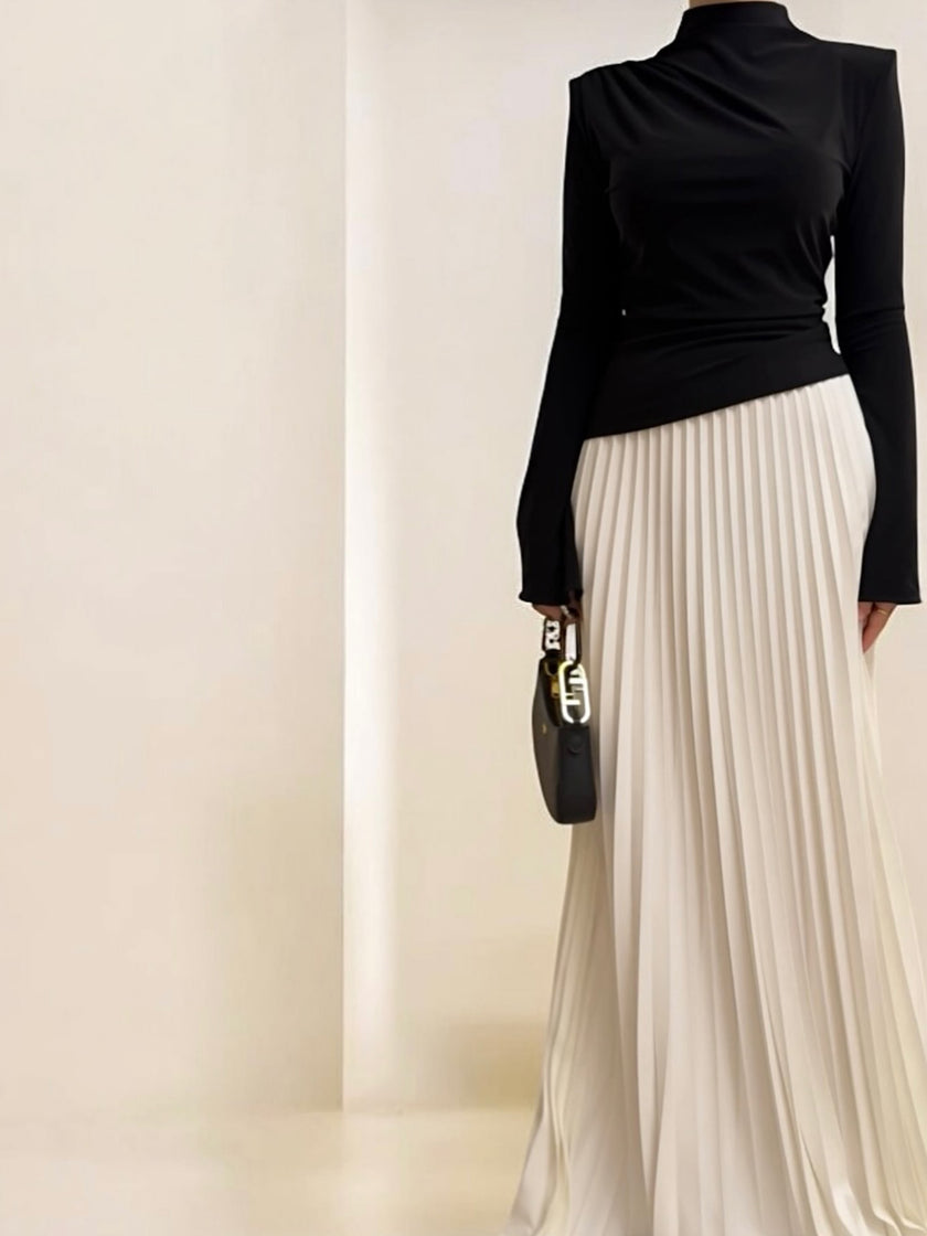 Turtleneck  Top & Contrasting Color Skirt Suit