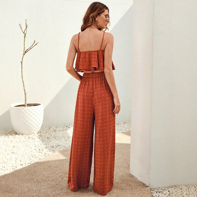 Women’s 2-Piece Casual Chic Outfit – Cropped Vest Ruffled Top & Wide-Leg Pants Set