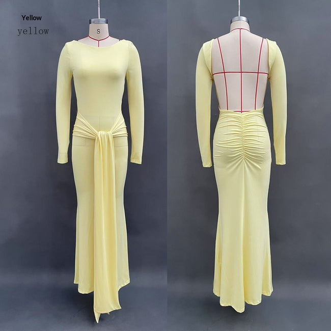 Solid Color Backless Dress for Women – Elegant Long Sleeve Autumn Slim Fit Dress
