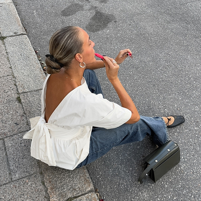Backless Short Sleeve T-shirt With Back-tied