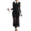 Elegant Lace Long Sleeve Lapel Color  Dress