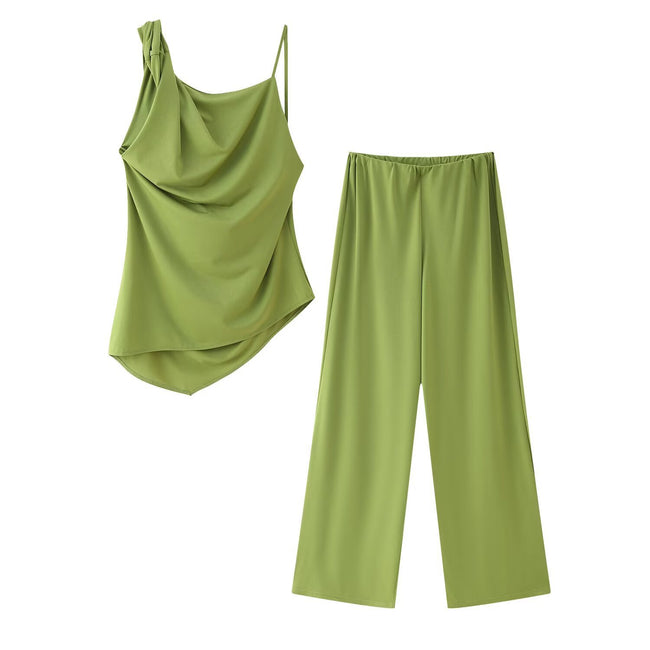 Women’s Asymmetrical Pleated Camisole & Wide-Leg Pants Set – Elegant 2-Piece Outfit