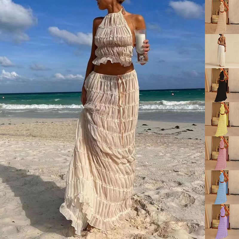 “2-Piece Women’s Summer Dress Set – Sexy Sleeveless Backless Cropped Halter Top & Pleated Long Skirt”