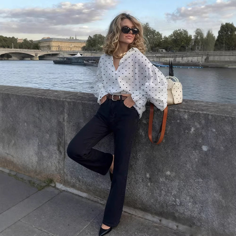 Loose Casual Polka-Dot Shirt With Front Buttons