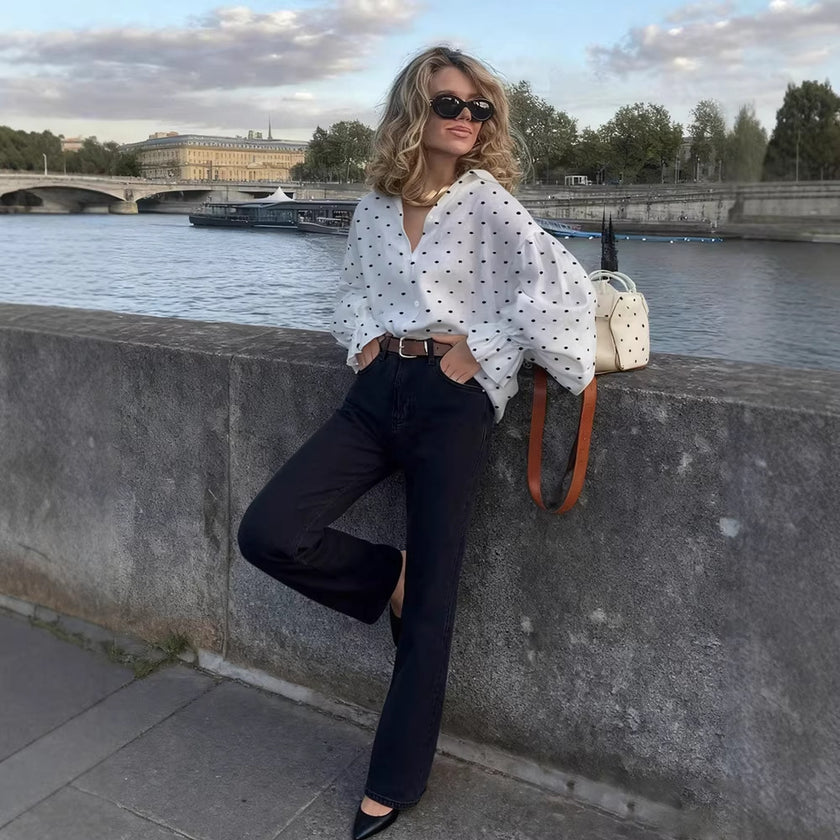 Loose Casual Polka-Dot Shirt With Front Buttons