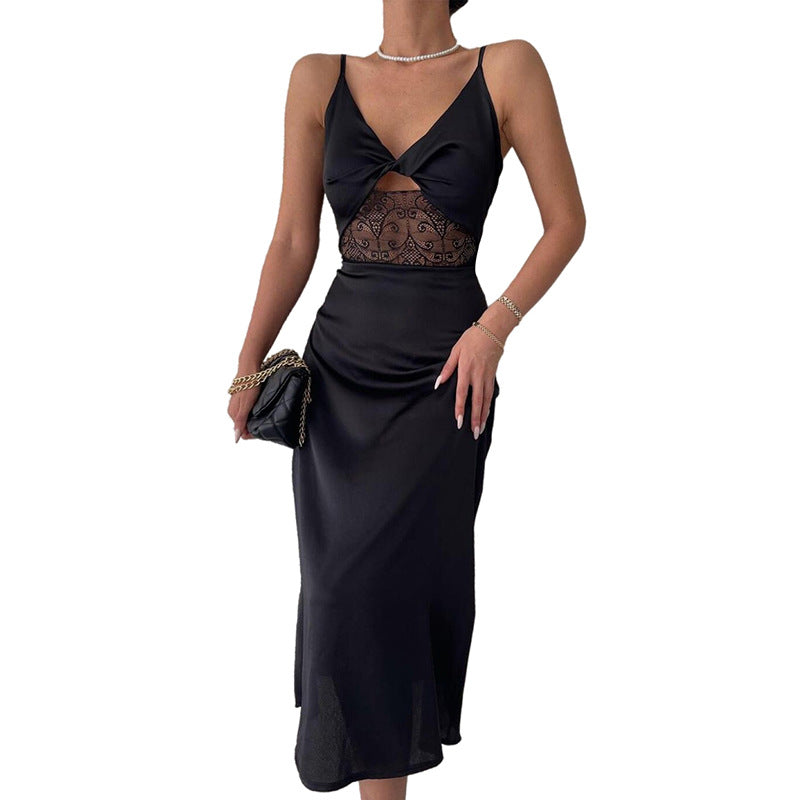 Sexy V-neck Dress With Backless Lace Stitching