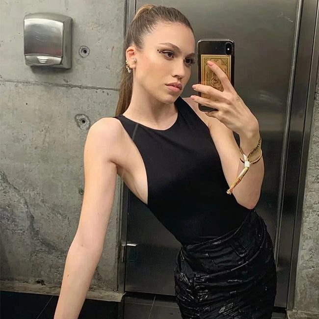 Monochrome Sexy One-shoulder Sleeveless Bodysuit