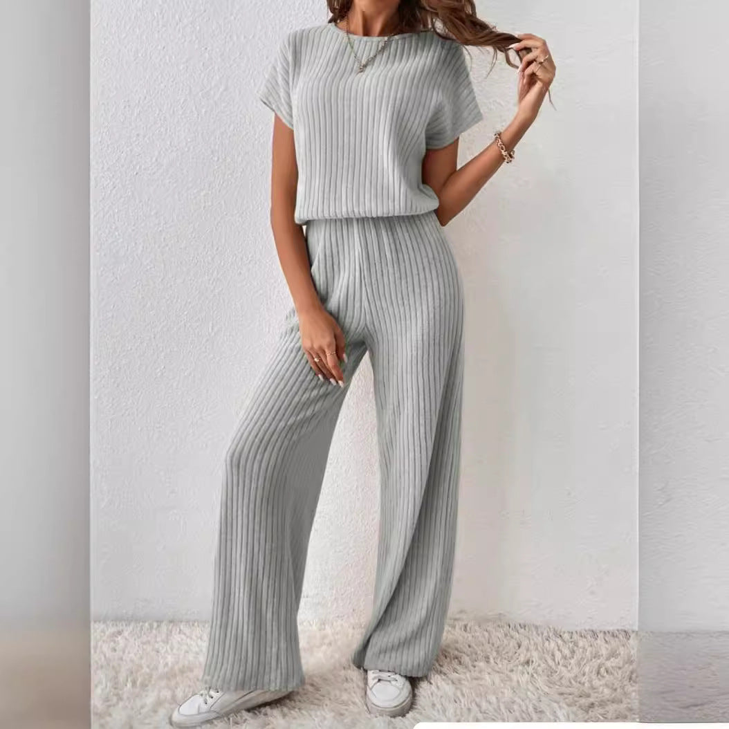 “Women’s Knitted Two-Piece Set – Loose Wide-Leg Pants & Matching Top”