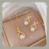 Light-Luxury Cross-Design Diamond-Encrusted Pearl Necklace Set