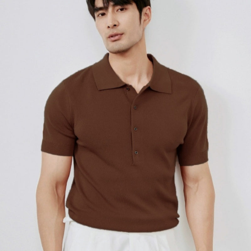 Men’s Ice Silk Knit Polo Shirt – Solid Color Short Sleeve Luxury Summer Top