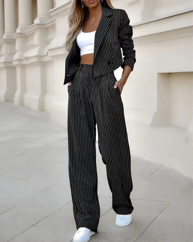 “Women’s Spring Striped Suit Set – Casual Lapel Cropped Top & Straight Pants Outfit”