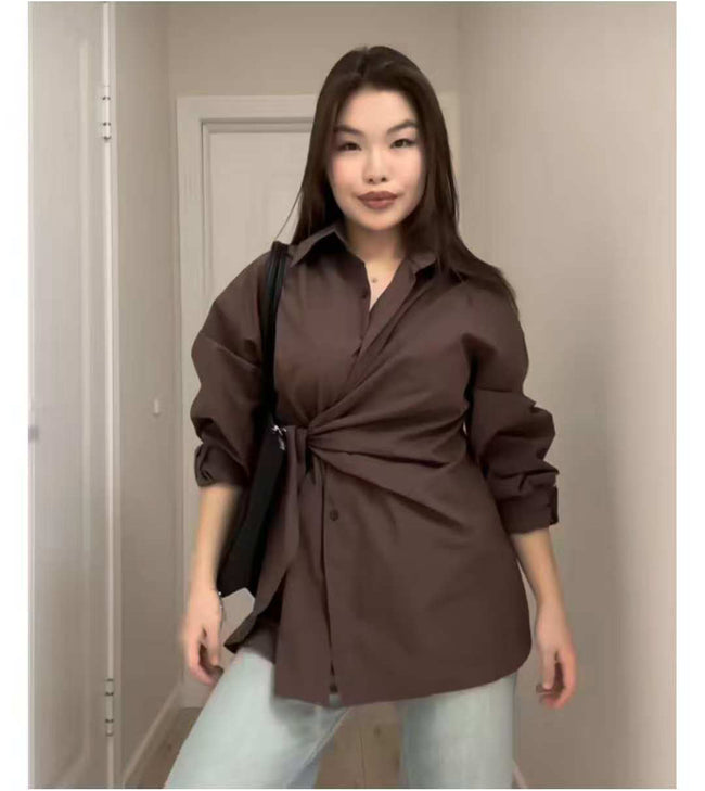 Solid Turn-Down Collar Single Breasted Tie Waist Slim Fit Shirt