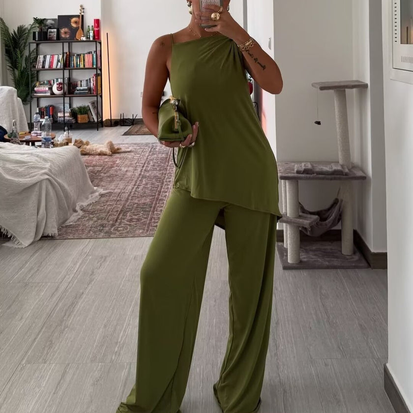 Women’s Asymmetrical Pleated Camisole & Wide-Leg Pants Set – Elegant 2-Piece Outfit