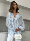 Lotus Leaf Edge Tied Lantern Sleeve Semi Transparent Thin Shirt
