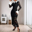 Elegant Lace Long Sleeve Lapel Color  Dress