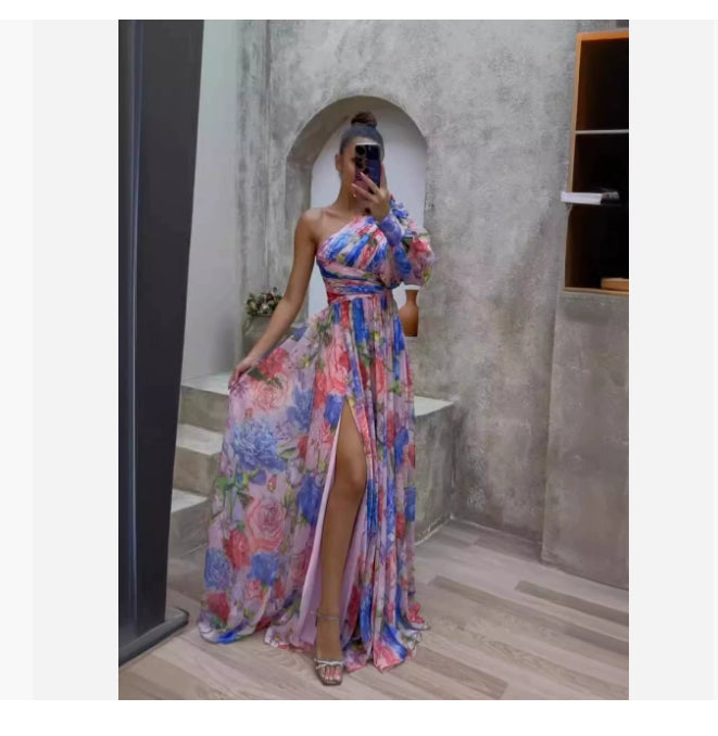 Floral Print One Shoulder Split Maxi Dress – Sexy Long Sleeve Summer Beach Vacation Dress for Womenn